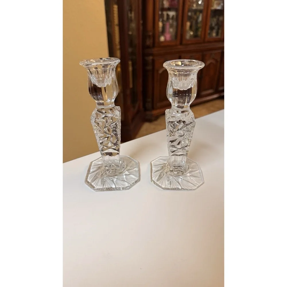 Vintage Cut Crystal Glass Candlestick Holders Set of 2 Starburst‎ Octagon
